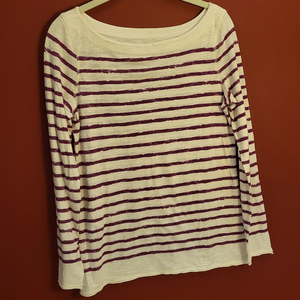 LOFT, M, scoop neck, white & purple striped long sleeved top